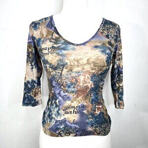 Vintage 90s Y2K French Hunting Painting Micro Mesh Sheer 3/4 Sleeve Top USA